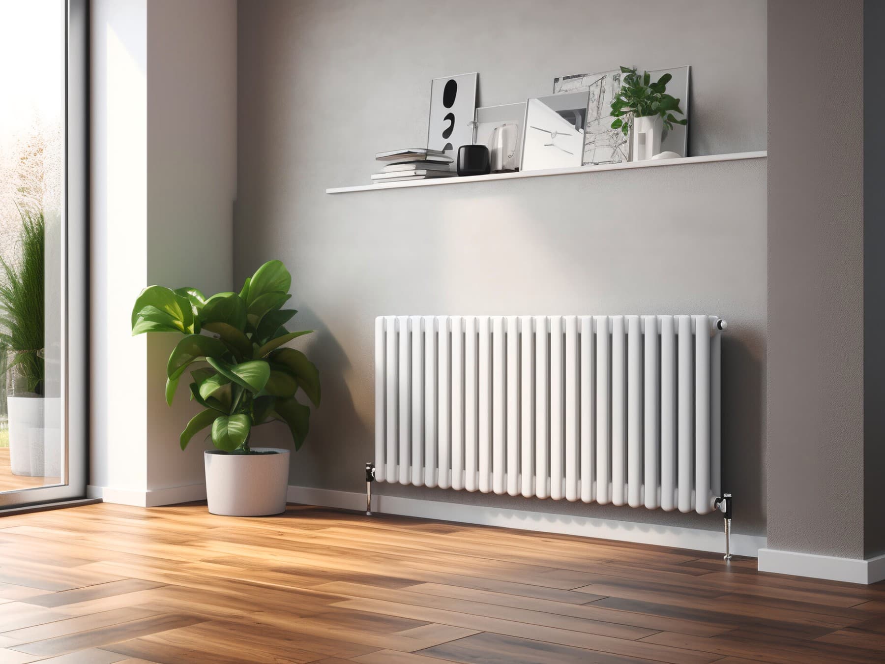 Un radiateur est installé sur un mur sous une étagère | Vaillant
