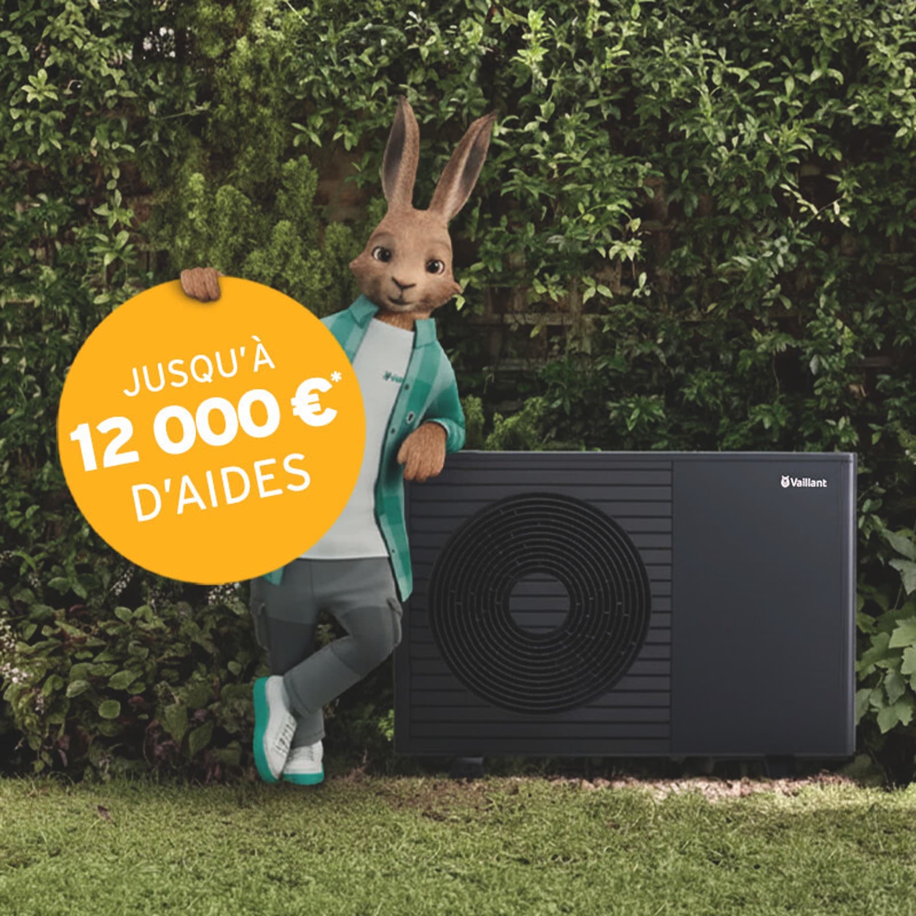 Lapin Vaillant avec un macaron sur les aides financières | Vaillant