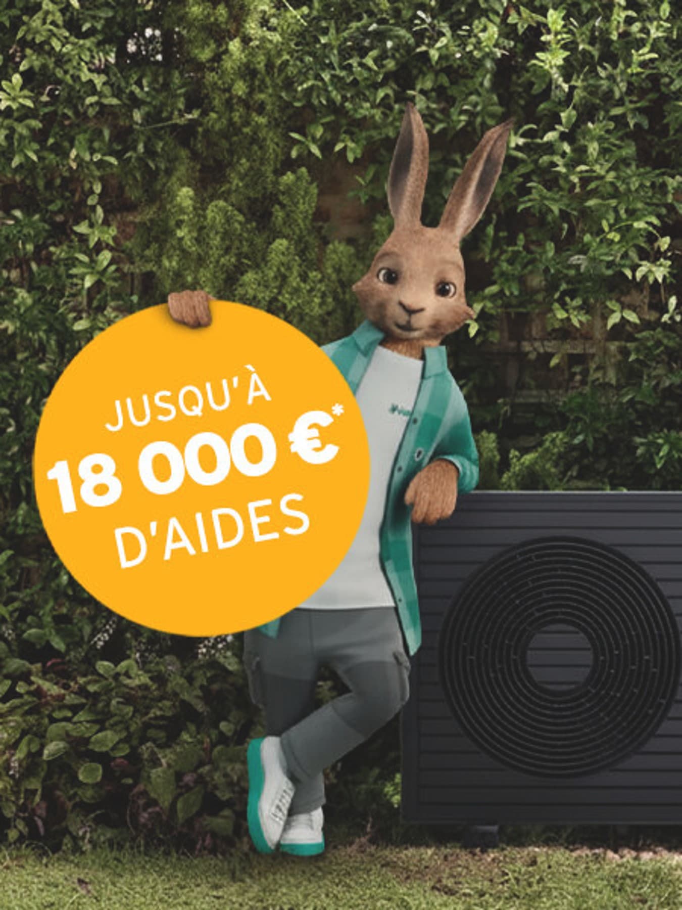 Un lapin tient un macaron avec un montant d'aides financières | Vaillant