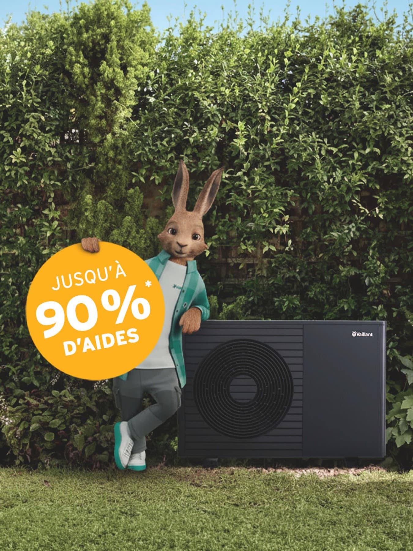 Le lapin Vaillant tenant un macaron pourentage sur les aides financières | Vaillant