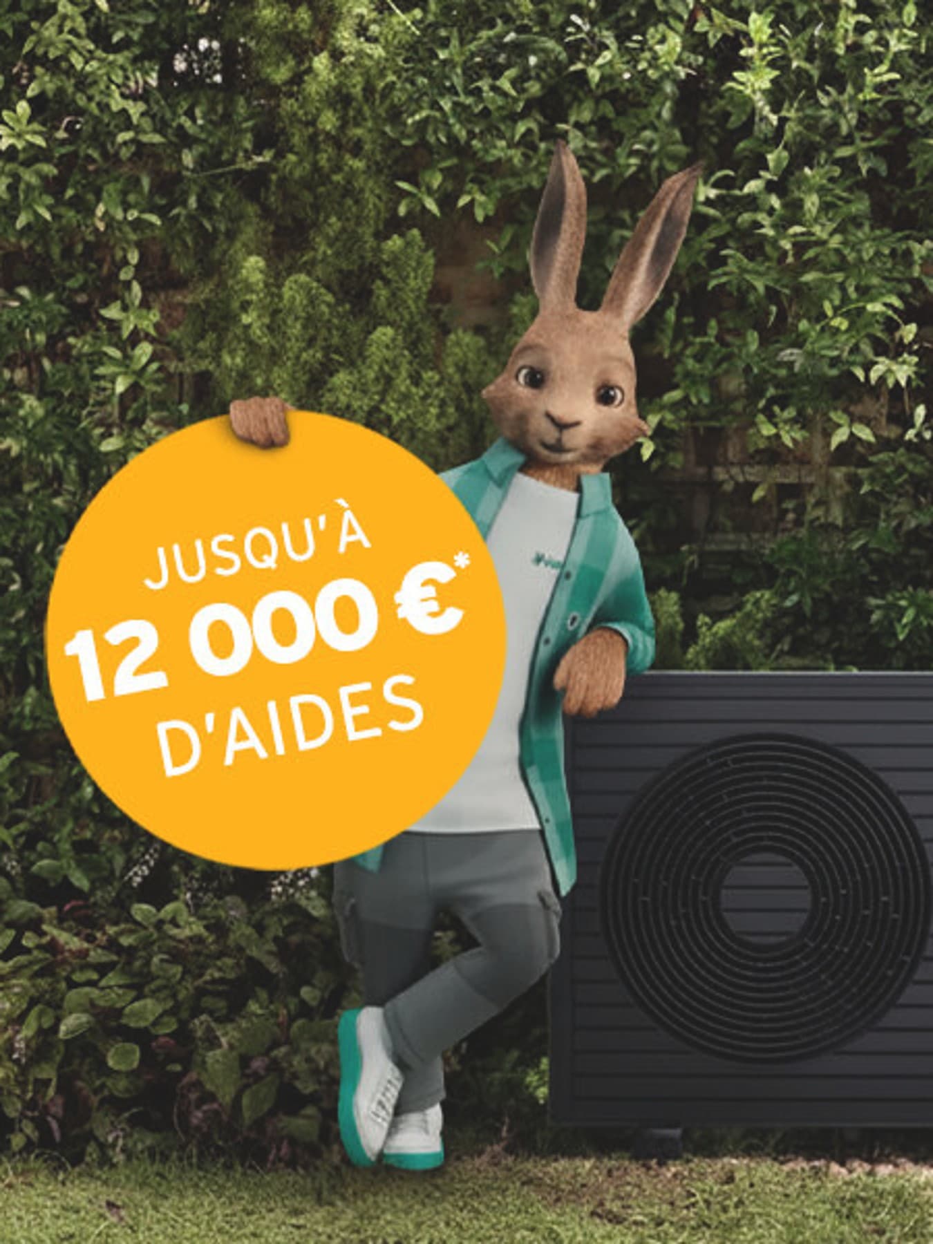 Un lapin tient un macaron avec un montant d'aides financières | Vaillant