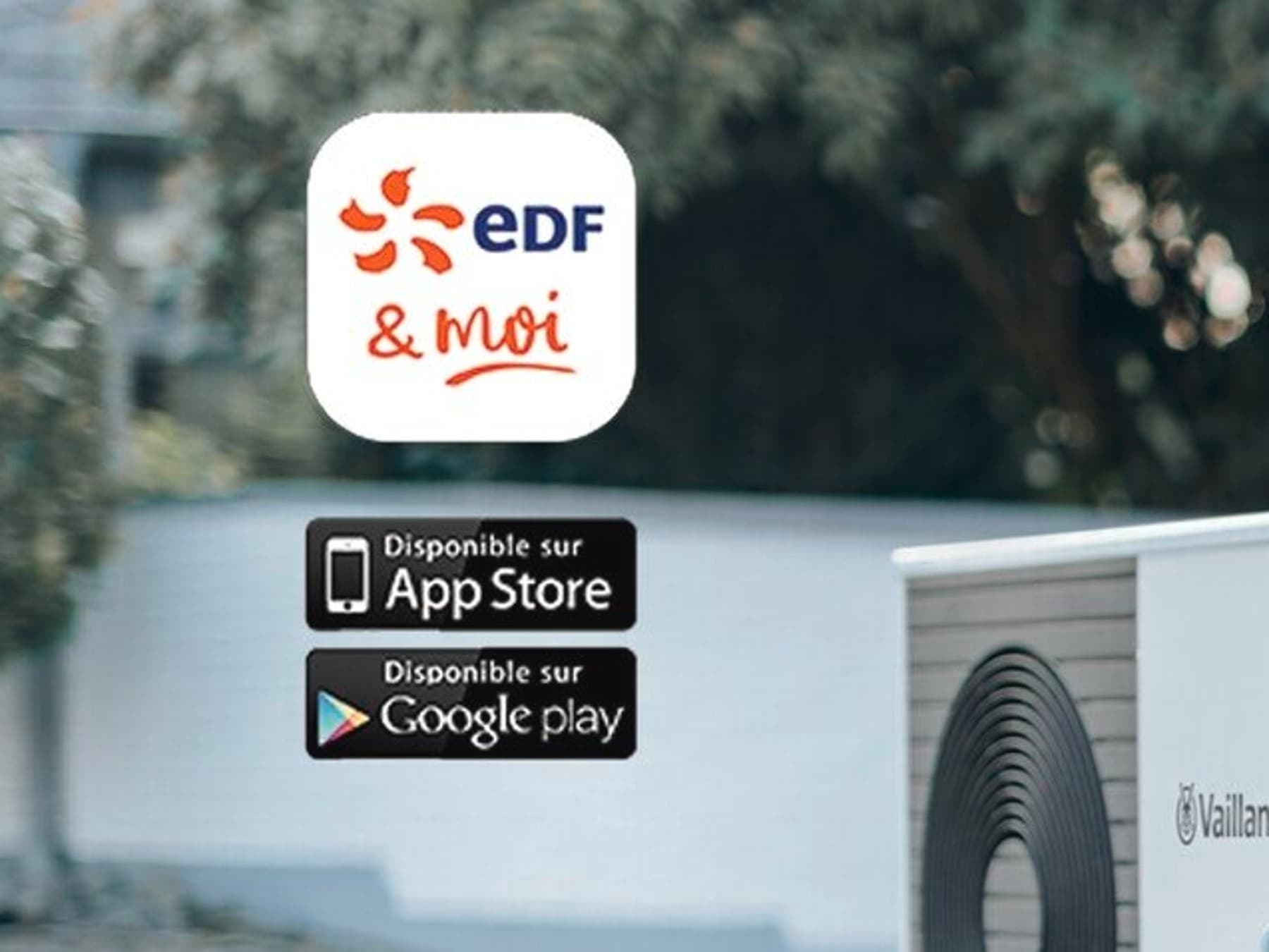 Un homme dans son jardin en train de boire son café devant son portable et le logo EDF | Vaillant
