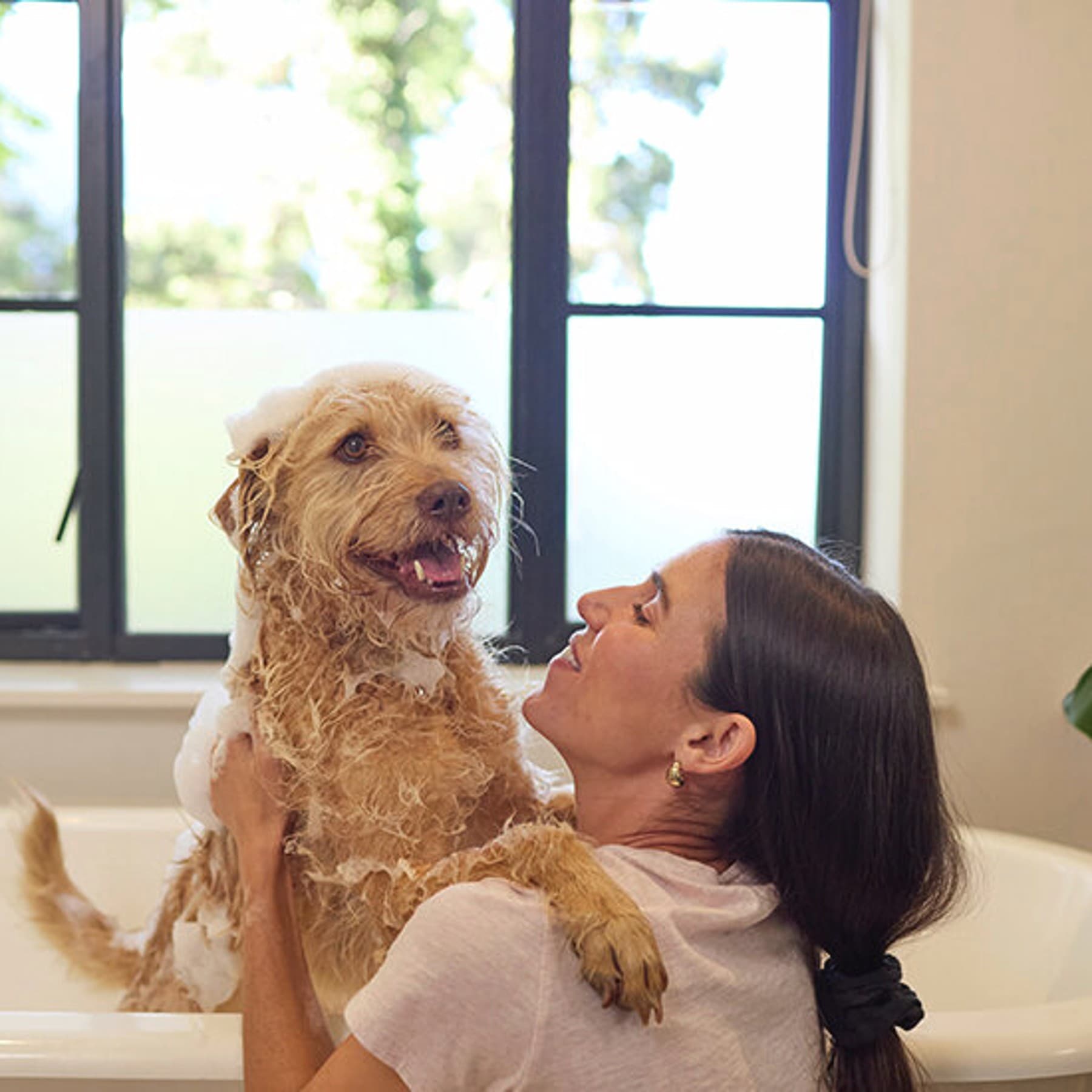 Une femme donne le bain à son chien dans la salle de bain