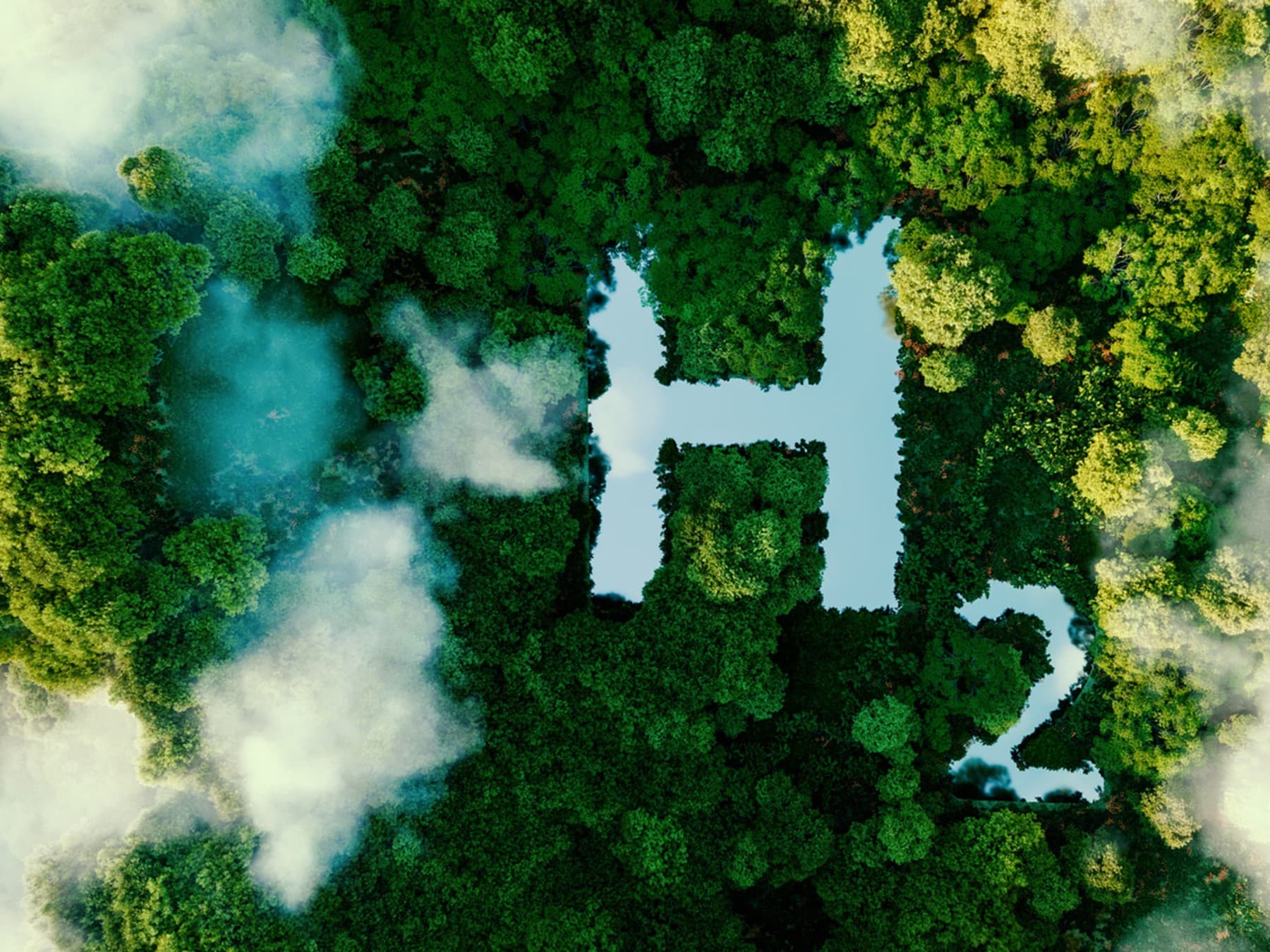 Forêt vue d'avion avec un symbole hydrogène à l'intérieur | Vaillant
