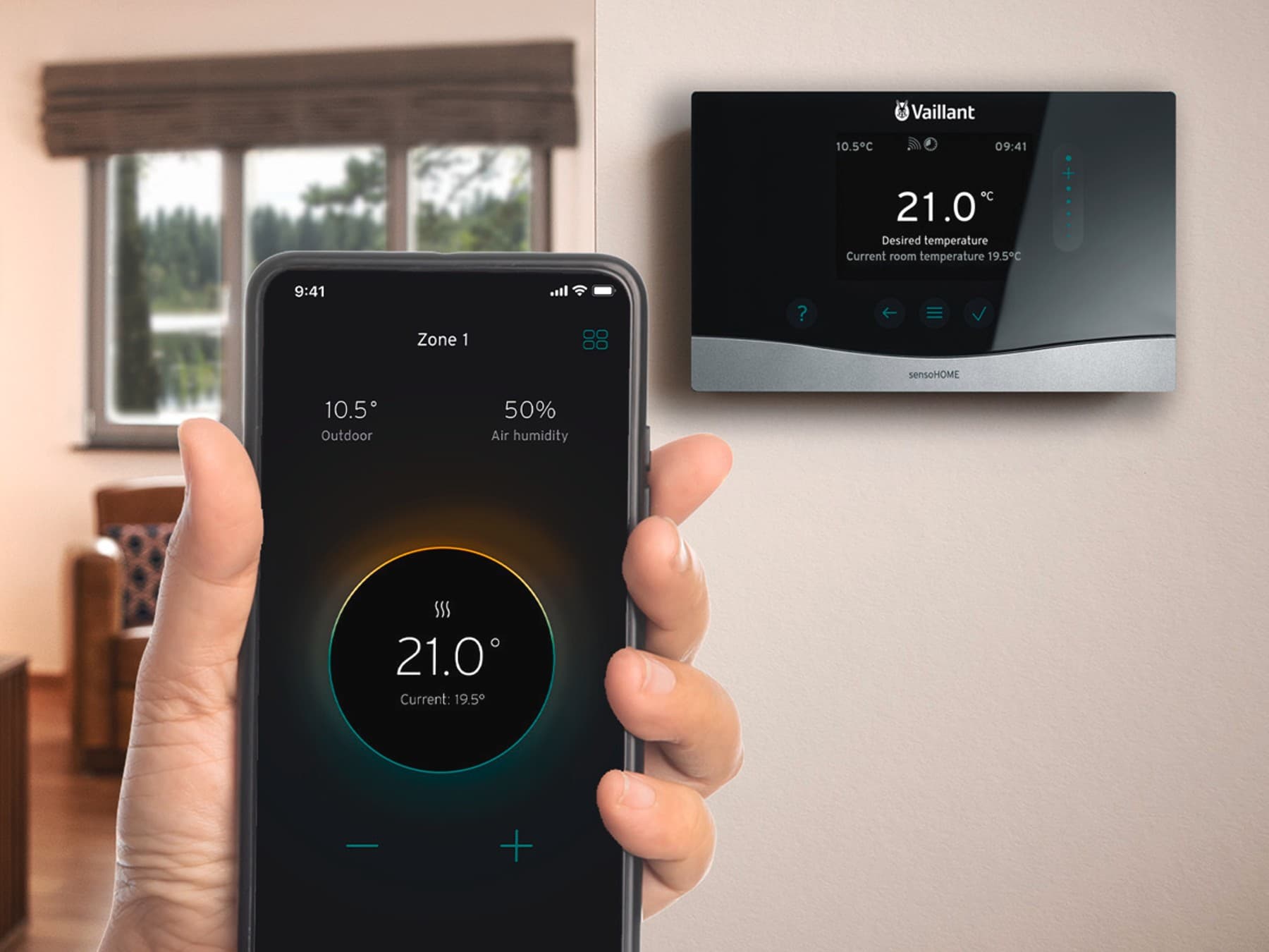 Une application mobile permet de régler le chauffage dans un salon | Vaillant