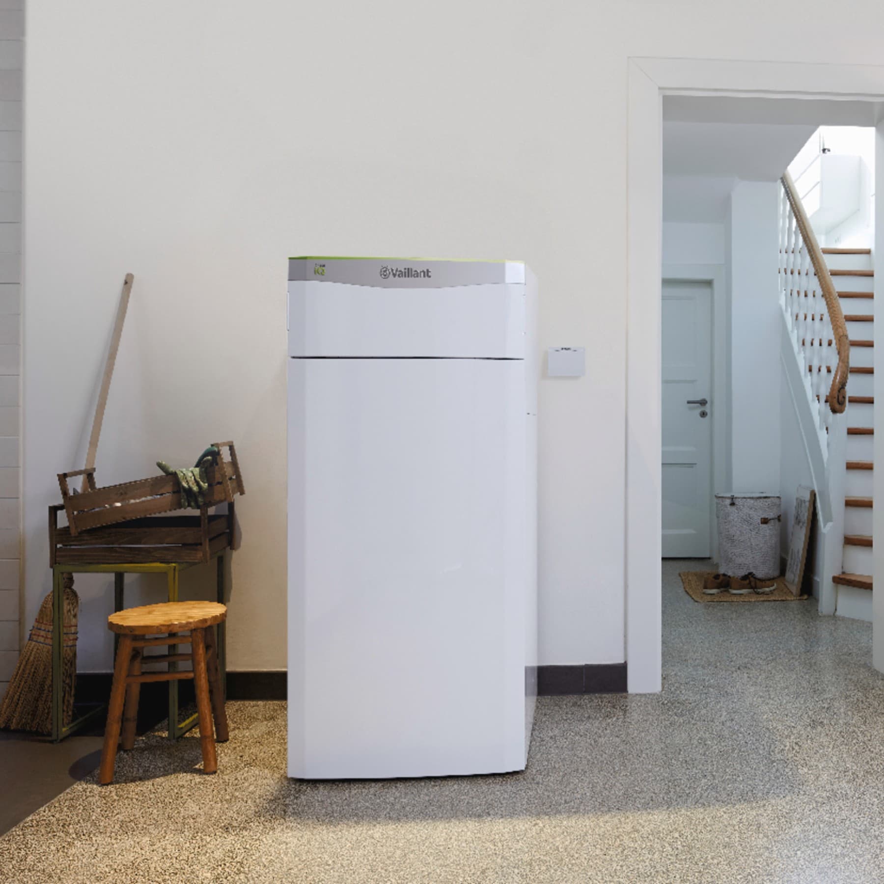 Pompe à chaleur géothermique flexoTHERM dans une buanderie | Vaillant