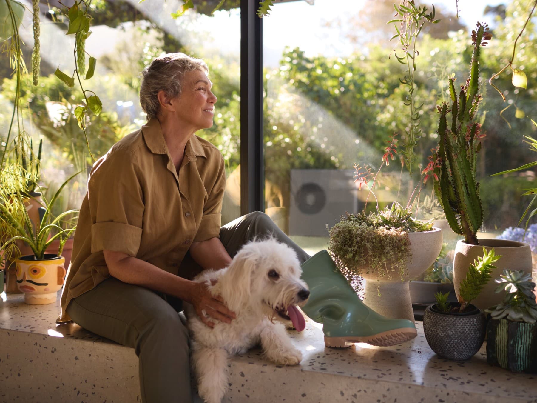 Femme assise avec son chien à la fenêtre | Vaillant