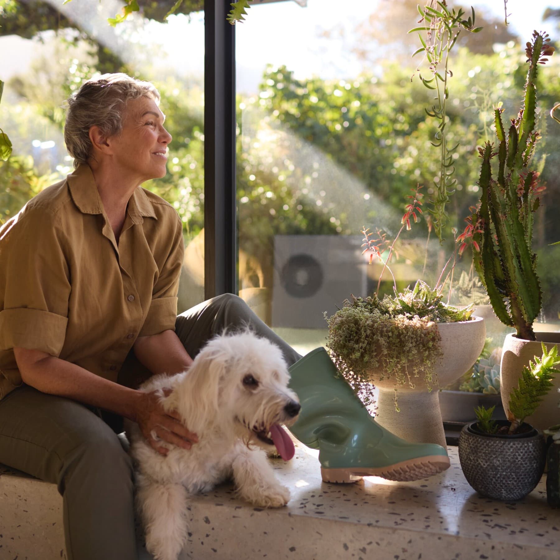 Une femme caline son chien dans son salon | Vaillant