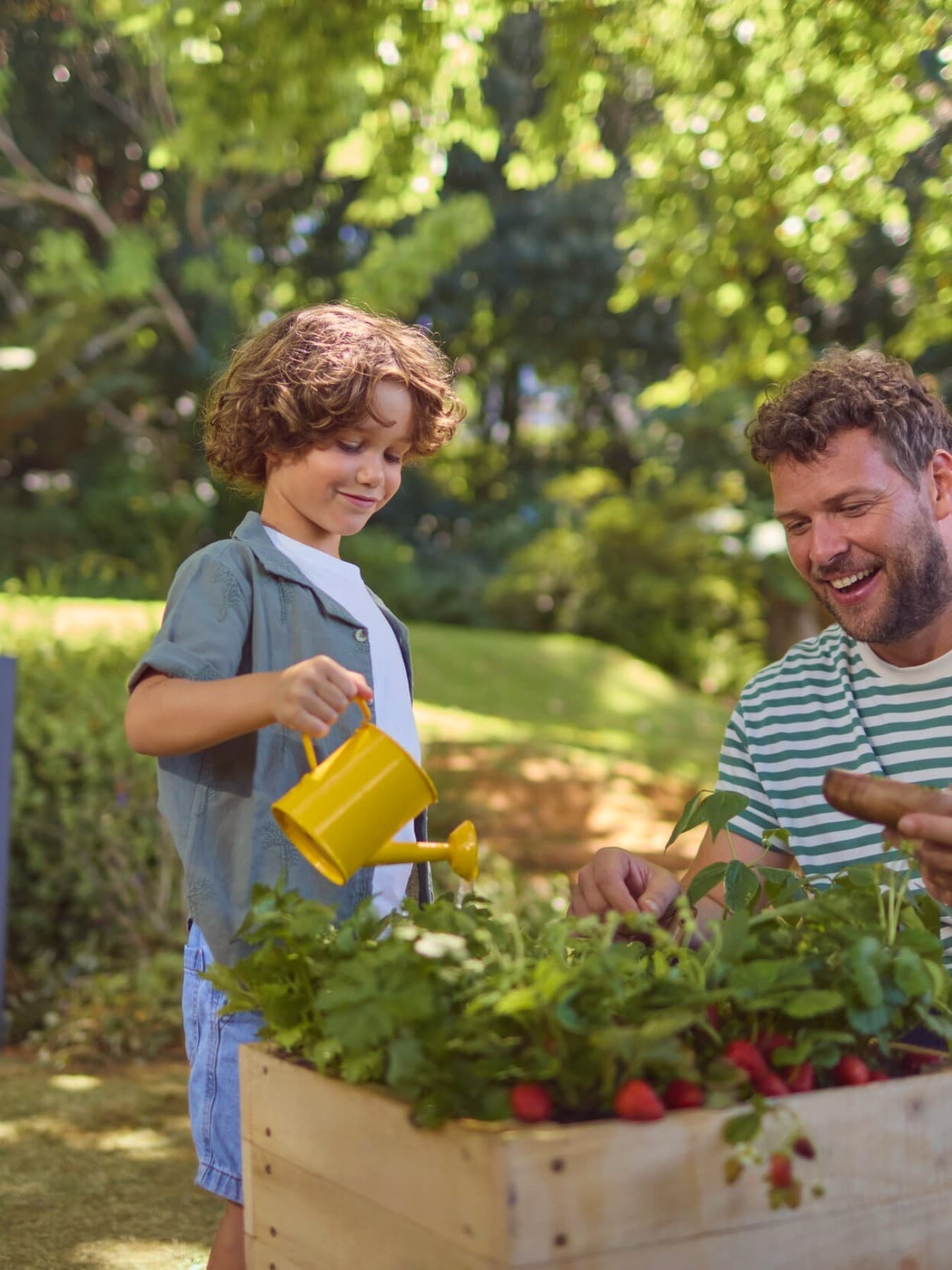 Un père et son fils jardine dans leur jardin | Vaillant