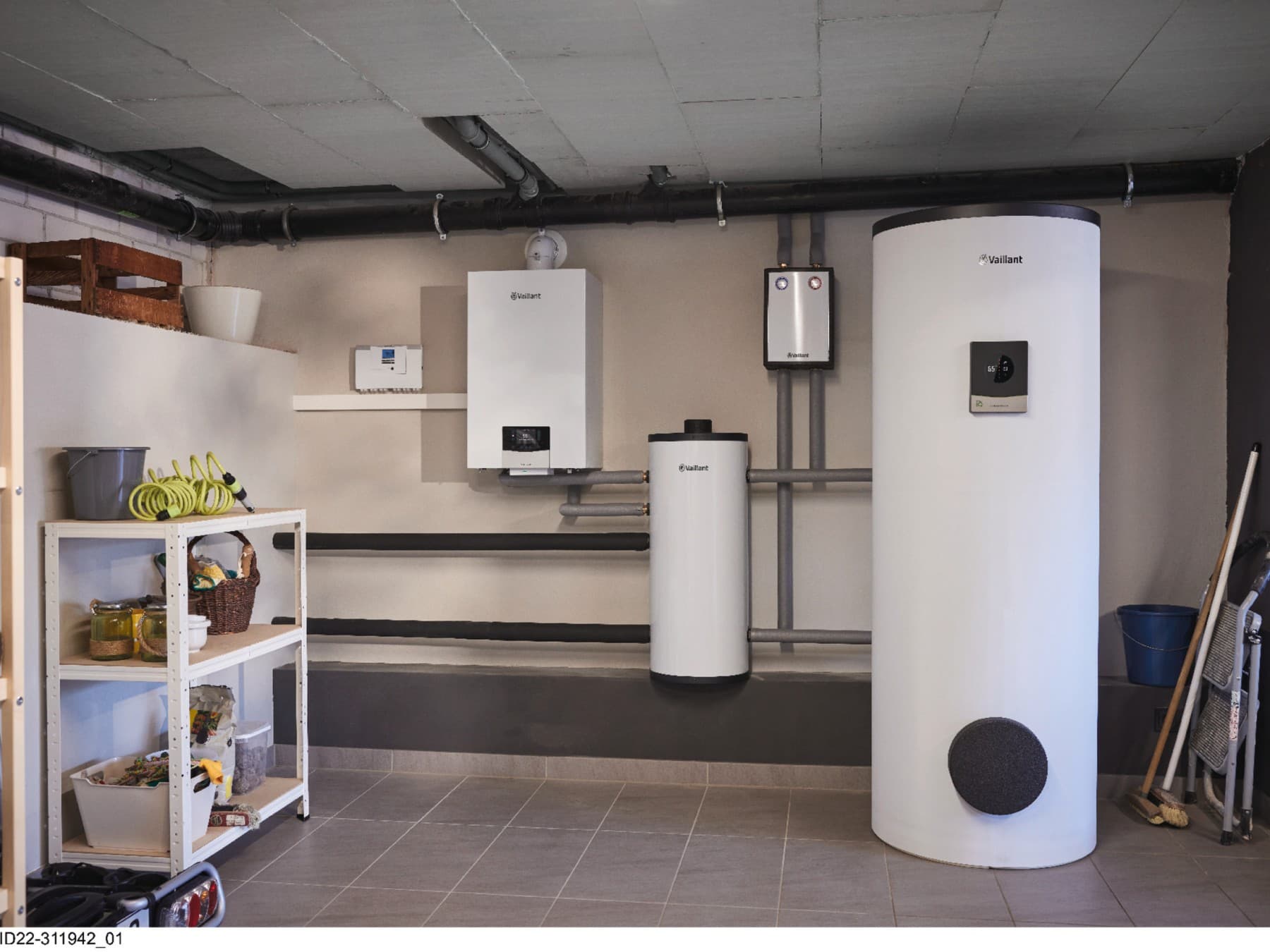 Système de chauffage hybride avec pompe à chaleur dans une buanderie | Vaillant