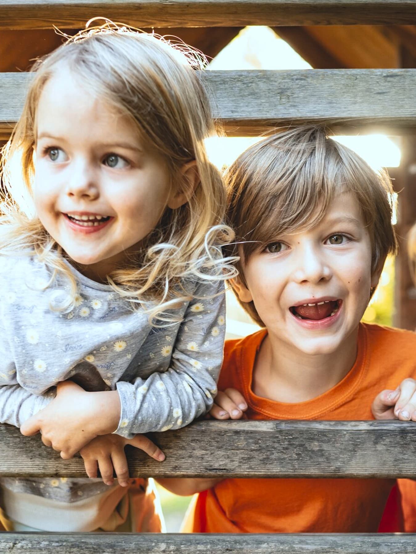 Deux enfants jouant dans une cabane en bois dans une aire de jeux